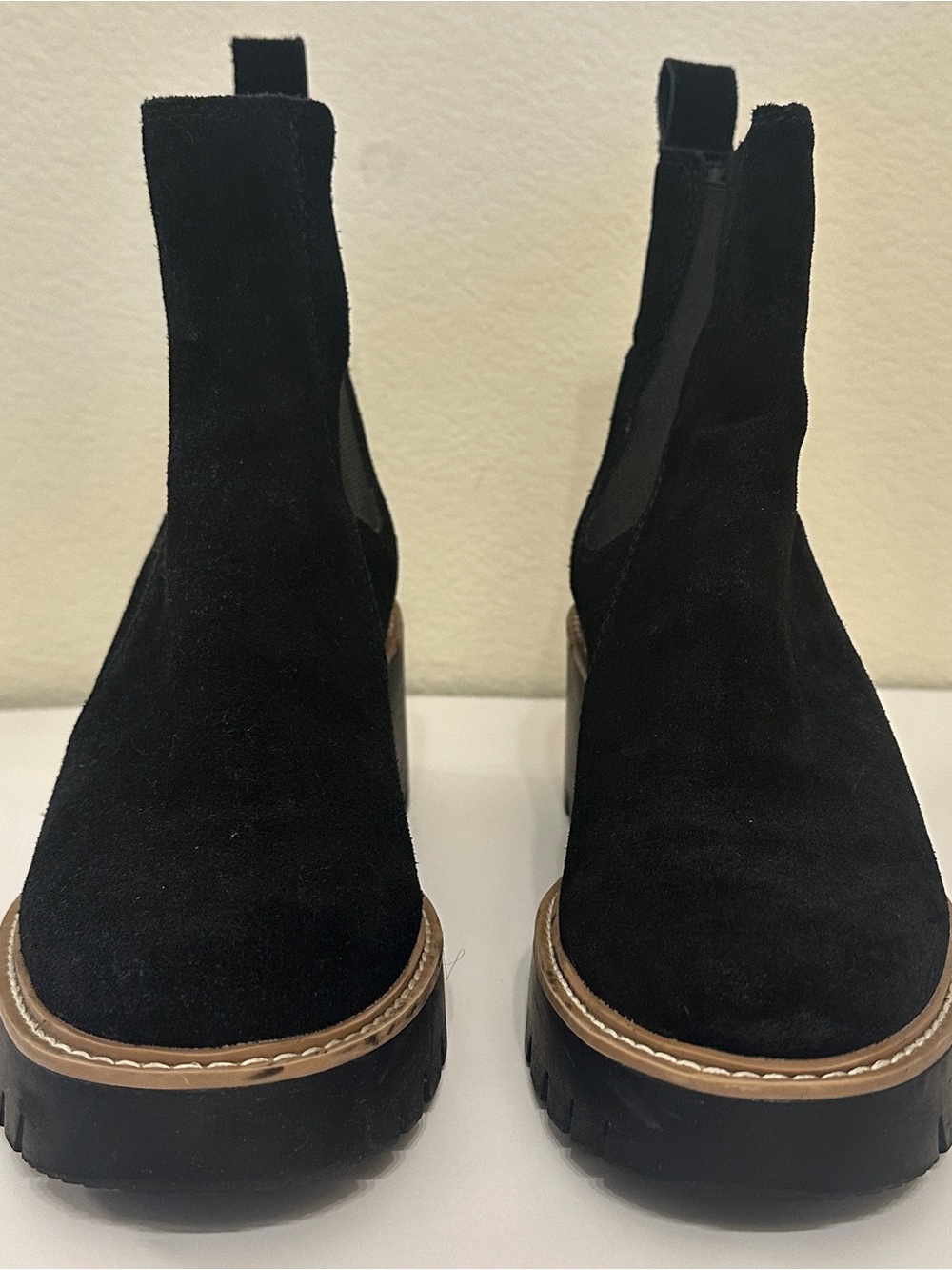 Dolce Vita Black Suede Chelsea Booties with Brown Trim